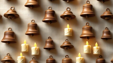 seamless pattern of wooden bells and small candles on linen weave texture, warm beige background with soft light