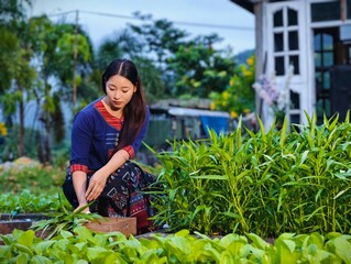 Asian woman in traditional Thai dress harvesting fresh vegetables in home garden during sunset, representing rural lifestyle and organic farming in Thailand.