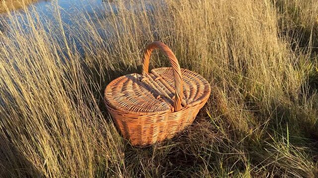 A wicker basket with a lid in tall dry grass in the sunset light of an autumn setting. Picnic basket, mushroom basket. Handmade, minimalist style, workshop