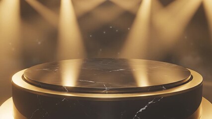 Black marble podium with gold trim and warm spotlight surrounded by mist creating luxurious elegant round stage platform perfect for dramatic product or award showcasing