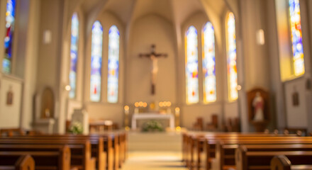Fototapeta premium Blurred interior of a sacred church with pews leading to a luminous altar and colorful stained glass windows, evoking a sense of spiritual tranquility and solemn contemplation