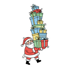 Santa Claus carrying stacked colorful gift boxes on white background , for children's illustrations, of colorful gifts for holiday marketing and seasonal promotions,isolated