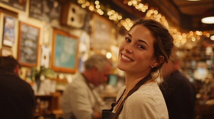 A smiling woman stands in a cozy café, engaging with coworkers as warm lights create a welcoming atmosphere. The woman enjoys her time with the team in this lively café environment