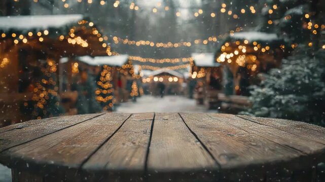 Cozy winter scene at a snowy christmas market, with twinkling lights and european stalls. Perfect for showcasing holiday products. Ready for product montage. Mockup.