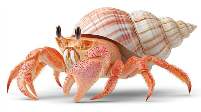Hermit crab holding seashell on white background for nature and marine life design