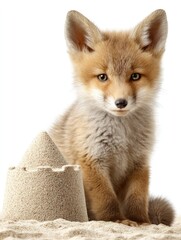 Cute fox cub sitting beside sandcastle toy on white background, perfect for children's room decor or animal-themed designs