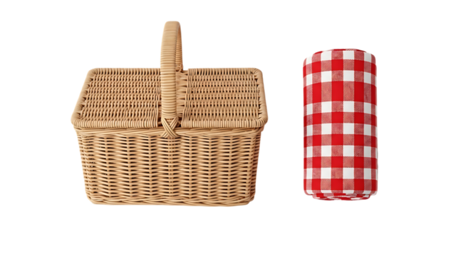 Picnic basket and red checkered tablecloth