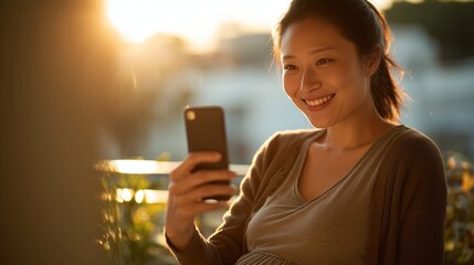 The woman relaxes on her balcony, holding a smartphone as the sunset brings warm light to the scene. This scene shows the woman enjoying her peaceful moment while connected.