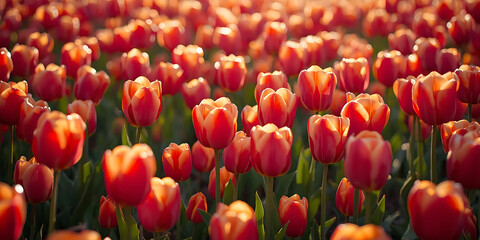 Vibrant red and orange tulip field bathed in soft sunlight creating warm serene natural atmosphere
