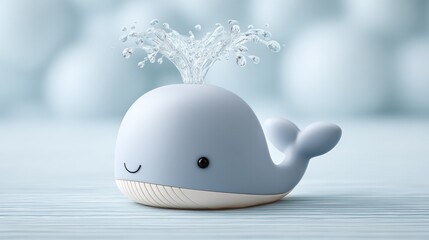 Cute whale figurine with water splash on white background for creative decor and nautical themes