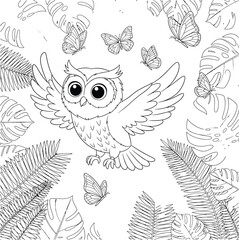 Obraz premium Cute Flying Owl with Butterflies and Tropical Leaves Coloring Page