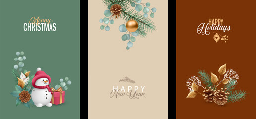 Set of Merry Christmas and Happy New Year banners. Elegant Christmas poster with cute snowman, gift, fir branches and pine cone on flat background