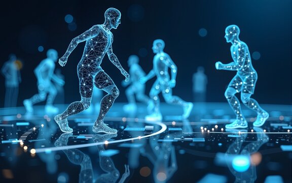 AI powered sports analytics concept with computer vision tracking players in action, showcasing real time performance analysis, and machine learning for enhanced coaching. High quality