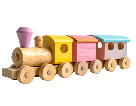 Wooden toy train with pastel carriages on black backdrop