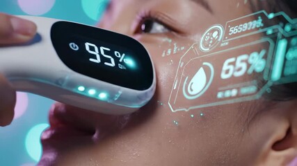 Woman uses futuristic device showing skin hydration levels over time. Beauty technology with augmented reality for skin care analysis. - Powered by Adobe
