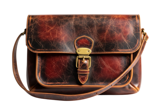 Vintage Brown Leather Satchel Bag with Brass Buckle and Shoulder Strap