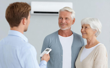 Obraz premium Happy elderly couple with technician demonstrating remote control for new ductless air conditioner. senior man and woman feel satisfied with home service