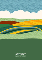 Abstract green field or wave eco farm background. Nature landscape vector illustration with scribble texture. Mountain hill, organic plantation, aesthetic countryside poster design. Ecology brochure