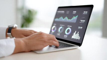Focused businessman using data analysis for business report on laptop computer. screen shows financial chart, graph, and dashboard for marketing analytics