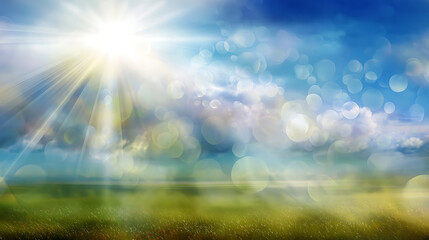 Radiant sunbeams illuminate a soft focus sky over a grassy field light rays clouds