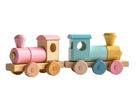 Pastel wooden toy train with two cars