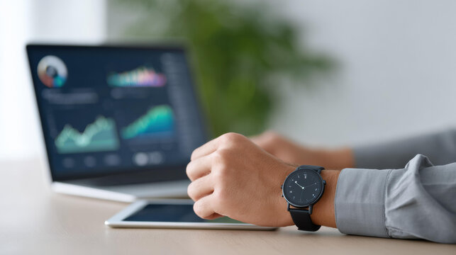 Focused businessman working in an office with laptop and tablet. professional using technology for business data analysis, reviewing chart with intense concentration