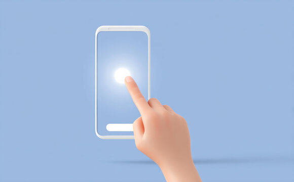 Human finger touching glowing transparent smartphone screen on blue background. modern concept of future technology, interactive user interface, and digital connection