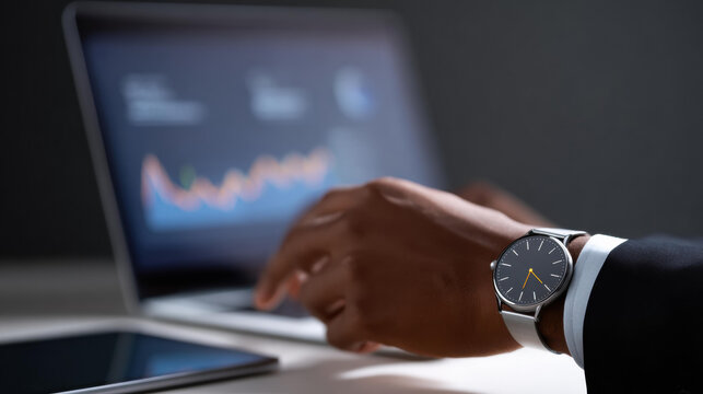 Focused businessman with watch on his hand performs market analysis on laptop. man reviews stock chart with financial data for investment strategy and planning