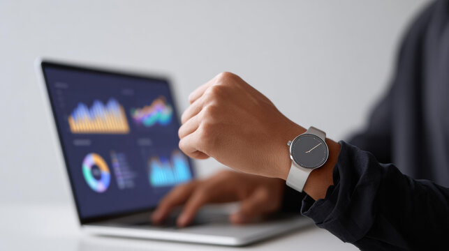 Focused businessman checking time on watch while working on laptop with data analytics. Concepts of deadline, management, schedule, urgency, and project planning