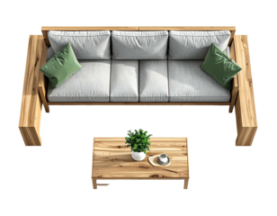 Wooden couch, table, cushions, green accent pillows, top view