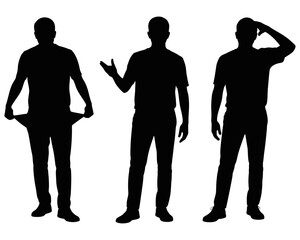 Three silhouettes of men showing different poses isolated on white background