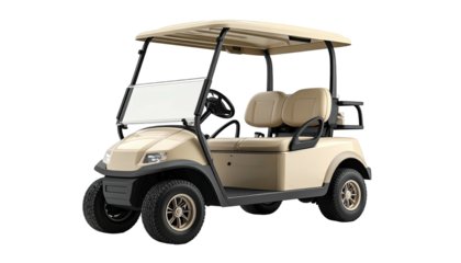 Beige golf cart, sun canopy, two seats, rubber tires