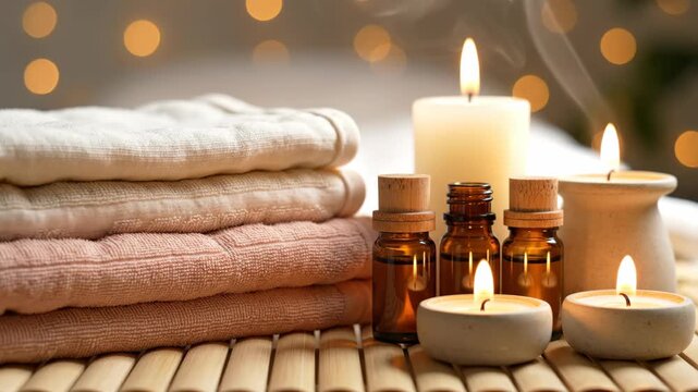 Spa wellness composition with stacked towels, essential oil bottles, and burning candles on a bamboo mat for relaxation.