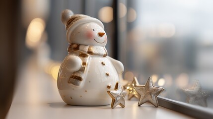 Elegant ceramic snowman decoration with gold-trimmed hat and scarf, accompanied by silver star ornaments against a warm bokeh background, perfect for festive home decor.