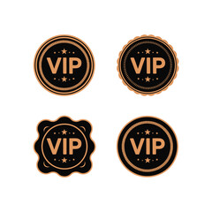Four circular black and gold V I P badges with star accents and varied decorative edges emblem seal vector illustration.