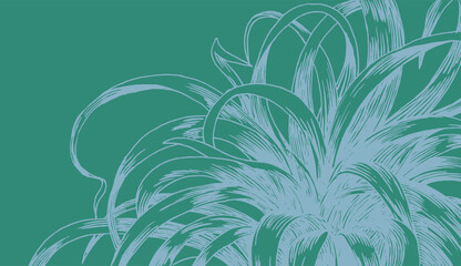 Hand-drawn botanical illustration featuring highly detailed, expressive line-art foliage in light blue,gray on a dark green background. Creates a moody, organic, and modern natural background.
