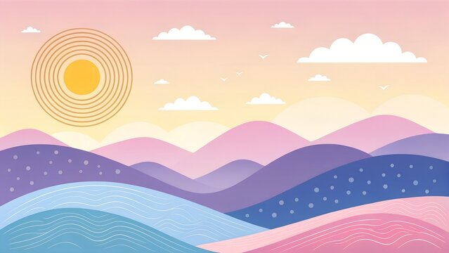 Dreamy Horizon Layers – Minimalist Landscape, Surreal Serenity, Colorful Gradient Sky, abstract hills, pastel tones, concentric sun, modern design, textured patterns