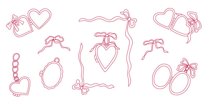 Pink hand drawn heart-shaped frames and ribbons in minimalist style. Whimsical heart lockets wedding illustration set. Vintage vector line art heart locket valentine collection.