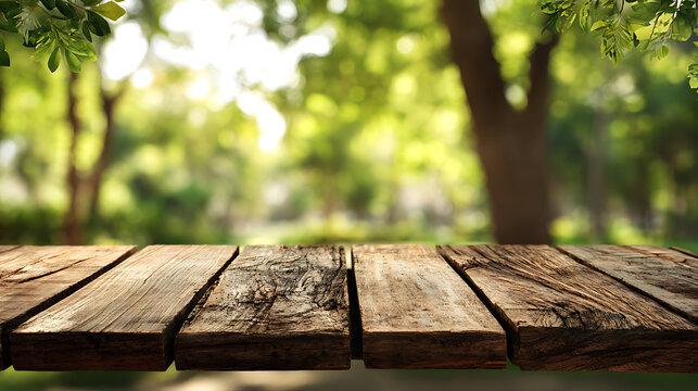 Rustic wooden planks with blurred green foliage and sunlight table weathered - Powered by Adobe