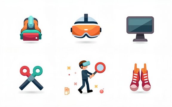 Metaverse Icon Set. Flat vector icons of virtual reality and metaverse items: social VR meetup scene, VR sports equipment, digital. High quality