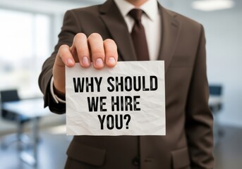 Businessman holding a sign asking why should we hire you in a modern office setting