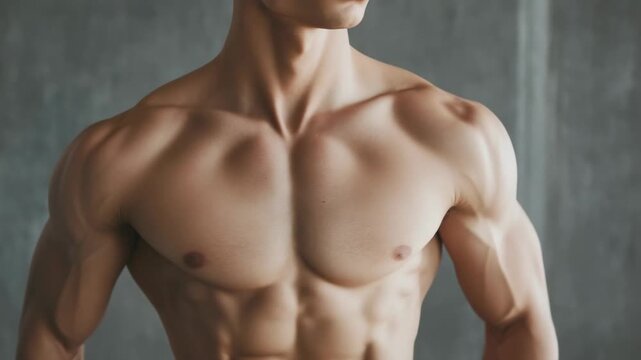 Fitness model demonstrates muscle definition and physique in studio setting with neutral backdrop during photo shoot