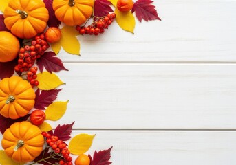Vibrant autumn harvest border featuring pumpkins berries and colorful fall leaves on white wood