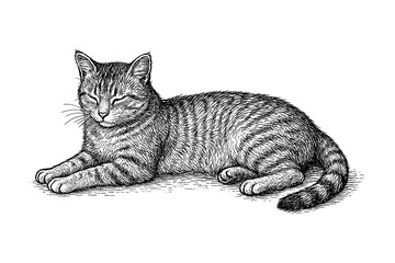 Domestic tabby cats in standing, sleeping, stalking poses with detailed hand drawn pen sketch style, Transparent Background