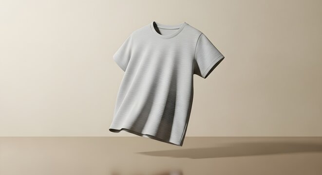 A plain light gray t-shirt floating against a neutral two-tone beige background in a studio setting.