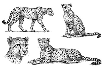 Cheetah in sitting, standing and walking poses with detailed vintage hand drawn sketch engraving style, Transparent Background