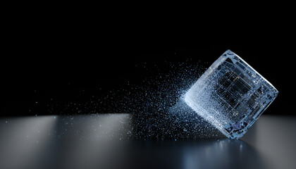 Blue digital cube shattering into bright particles representing data transfer