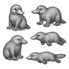 Playful platypus in cute sitting, walking and crawling poses in detailed hand drawn sketch style, Transparent Background