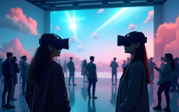 virtual reality (VR) world, with individuals immersed in a digital landscape, highlighting the potential of AI and technology to transform entertainment, education, and training. High quality