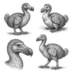 Dodo birds in multiple poses with detailed vintage hand drawn sketch style, Transparent Background © FriskySloths